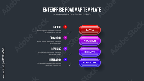 Investor Campaign Four Element Infographic Frame Template. Consulting Report Slide Layout Vector Illustration. Company Visualization 4 Step Diagram Slideshow Design.