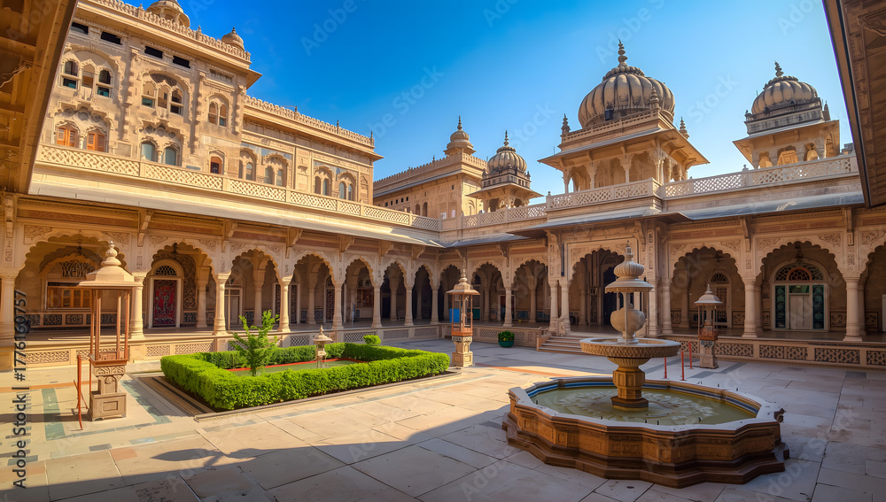Obraz premium indian palace courtyard with intricately carved sandstone arches and domes under clear blue sky showcasing traditional mughal rajput architecture heritage and cultural beauty
