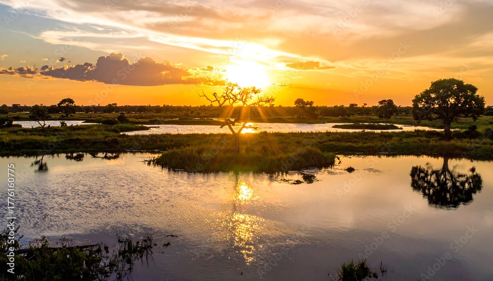 Fototapeta premium A radiant sunset casting long shadows across a tranquil, reflective wetland scene