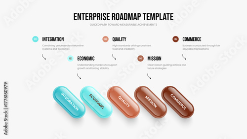 Investor Strategy Five Option Diagram Slideshow Design. Corporate Briefing 5 Step Infographic Presentation Layout. Market Forecast Frame Template Vector Illustration.