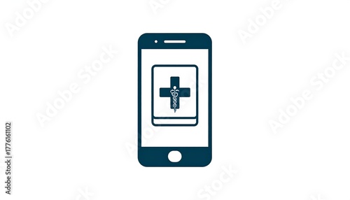 Dark blue outline of a phone with a medical symbol on its screen, centered on a white background