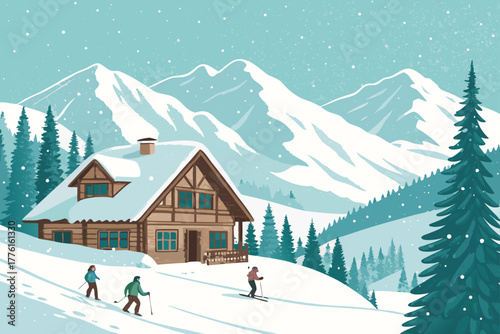 Snow-covered mountain lodge with skiers outside.