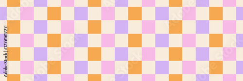 Abstract Y2K-style seamless pink, orange and purple checkerboard. retro pattern with a groovy vibe, perfect for graphic design projects and textures.