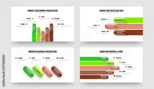 Investor Overview Five Three Four Step Infographic Slide Layout Vector Illustration Collection. Product Plan 5 3 4 Option Diagram Presentation Design Bundle.