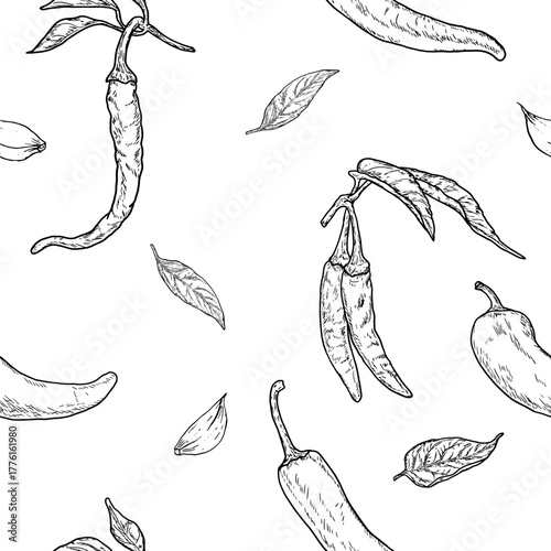 Hot pepper, chili and leaves, seamless pattern, sketch. Vector illustration. Fresh farm vegetables isolated on a white background. The theme of healthy eating, sustainability and vegetarianism