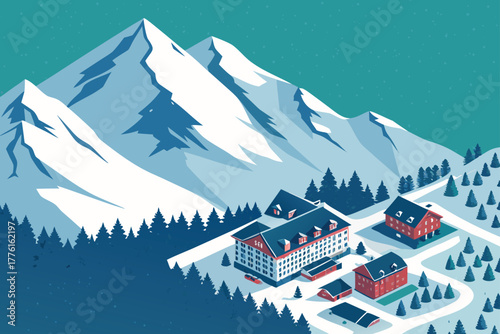 Aerial view of a snowy mountain resort with flat, geometric designs.