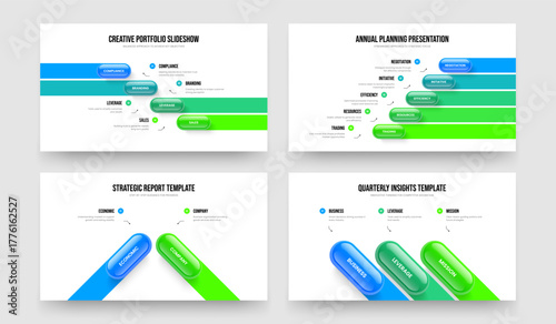 Creative Launch Four Five Two Three Step Diagram Slide Template Vector Illustration Collection. Modern Visualization 4 5 2 3 Option Infographic Presentation Design Set.