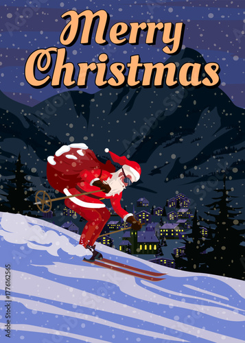 Merry Christmas poster Santa Claus skiing in snow mountains