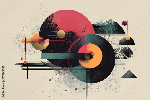 floating abstract objects surrounding an open central space creating a dreamlike modern composition for artistic banner design