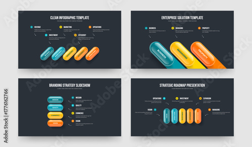 Visual Overview 5 3 4 Step Infographic Frame Template Bundle. Corporate Portfolio Five Three Four Element Diagram Slide Layout Vector Illustration Set.