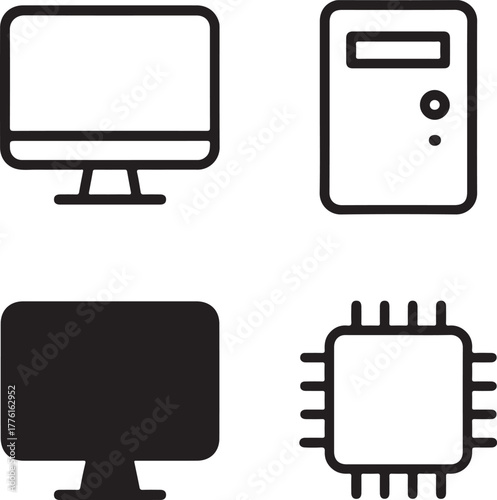 Isolated technology icons set, black solid line outline filled minimal thin stroke tech vector, electronics software device, editable digital system, innovation, IT, futuristic design