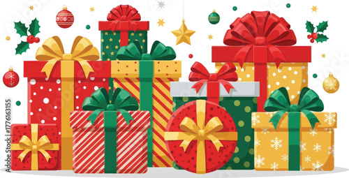 Cheerful holiday presents with festive bows for Christmas season marketing campaigns and winter sales promotions