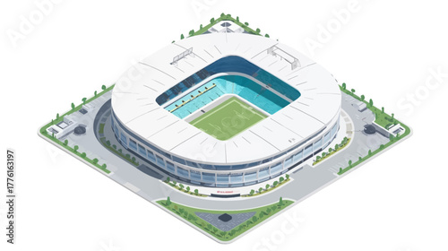 A detailed vector illustration of a modern stadium featuring a football field at the center with a circular seating layout, showcasing a sports venue designed for games, tournaments, and large events.