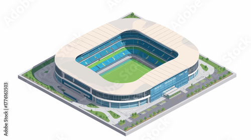 A detailed vector illustration of a modern stadium featuring a football field at the center with a circular seating layout, showcasing a sports venue designed for games, tournaments, and large events.