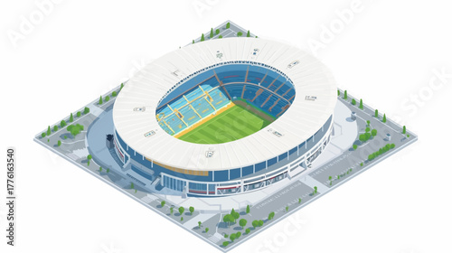 A detailed vector illustration of a modern stadium featuring a football field at the center with a circular seating layout, showcasing a sports venue designed for games, tournaments, and large events.