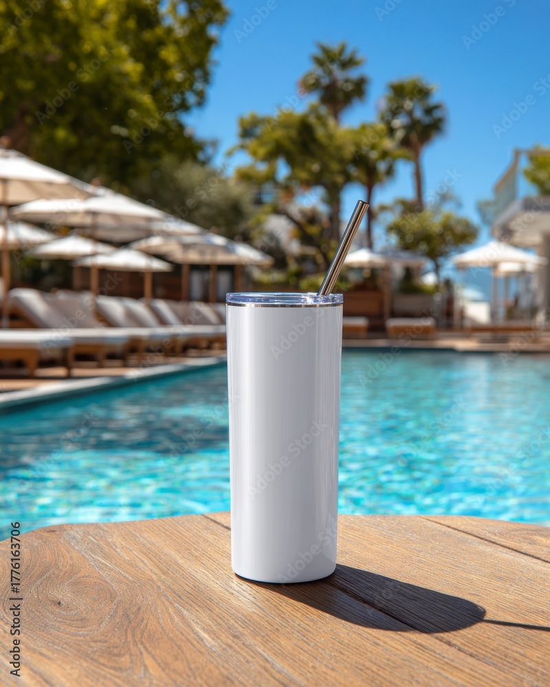 Naklejka premium Refreshing Beverage in Stylish Tumbler by Serene Poolside Setting