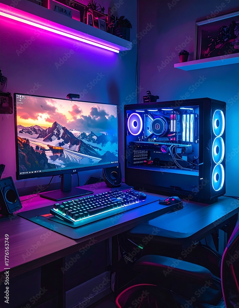 Naklejka premium Modern workstation featuring a powerful desktop, ambient lighting, and peripherals