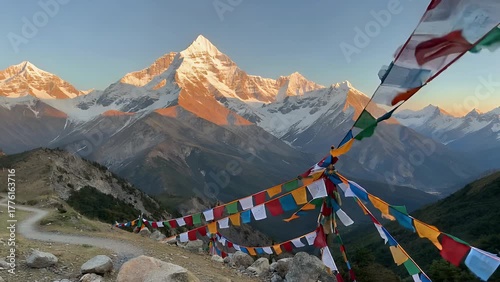 Vista of the World's Highest Peaks Adorned with Traditional Multicolored Prayer