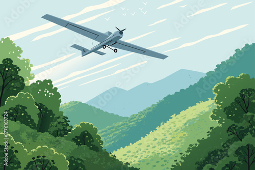 Solar-powered drone soars over a lush green valley.