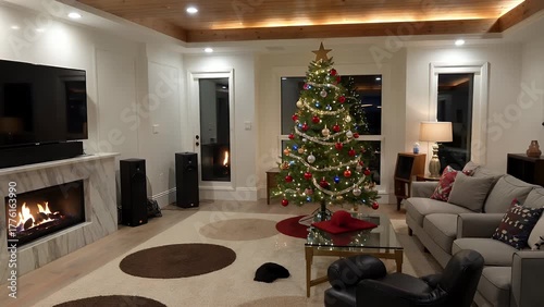 luxurious living room interior decorated for Christmas featuring a festively lit tree  a warm fireplace  a marble television wall  and a wooden ceiling  presented as a 3D