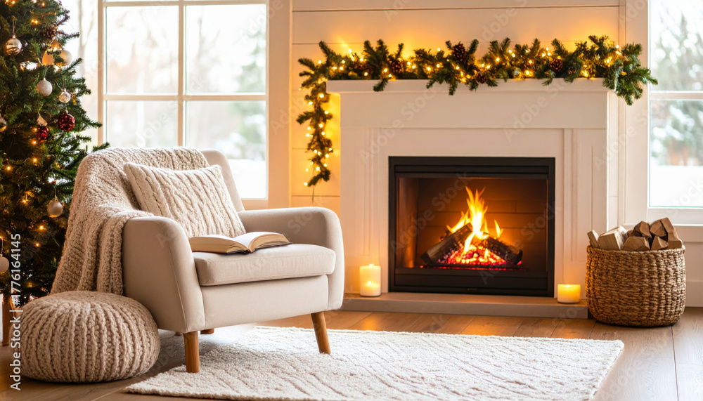 © Achira22 - Cozy reading nook with armchair and fireplace, adorned with festive garland and warm lighting, creating serene winter atmosphere