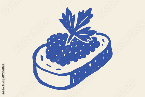 Caviar toast with parsley, naive sketch vector illustration
