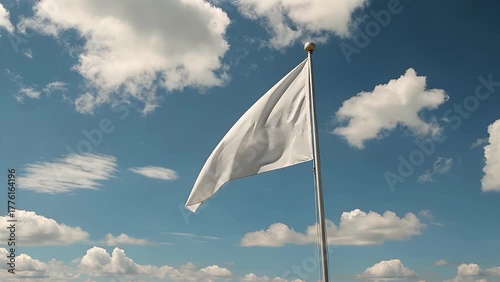 White Flag Undulating and Flapping Gently in the Breeze Against a Backdrop of a Clear Azure Sky on a Bright Sunny