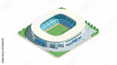 A detailed vector illustration of a modern stadium featuring a football field at the center with a circular seating layout, showcasing a sports venue designed for games, tournaments, and large events.