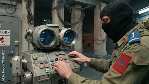 Cyber Militant in Combat Attire Engaging in Digital Warfare Against a Military
