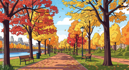 Stunning autumn park scene with vibrant colours and falling leaves cartoon
