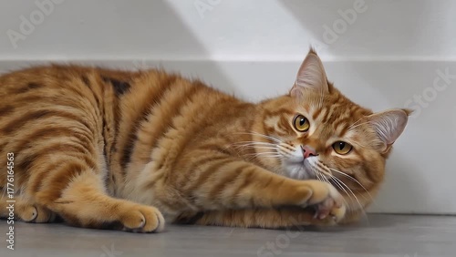 Inquisitive Ginger-Hued British Shorthair Feline Gazing Upwards with a Playful and Curious