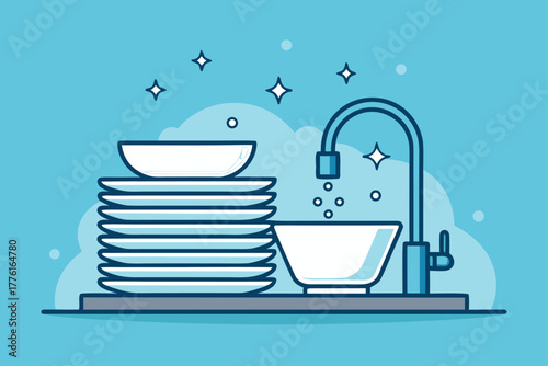 Stack of plates being washed in sink, flat, bold o.