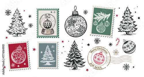 Christmas Stamps, cookie, tree, ball, set on white, Hand drawn illustration	
