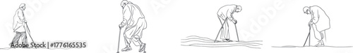 A continuous drawing composed of a single line shows an elderly man walking while leaning on a cane