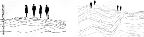 In the mountain landscape, a group is climbing to the top, visualized in one continuous line, a style synonymous with line art, placed on a white background, resulting in a minimalist one-line