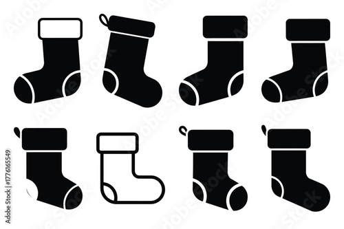 christmas stocking simple vector icon set. christmas silhouette icons on black color and white background.