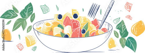 The image features a fork with pasta, illustrated in a continuous line, with a simple linear style, making it suitable for web banners or food delivery services, and offering an editable stroke in a