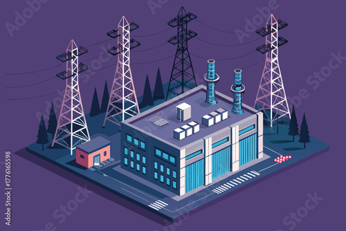 Tilt view of a hydro powerhouse switchyard steel tower.