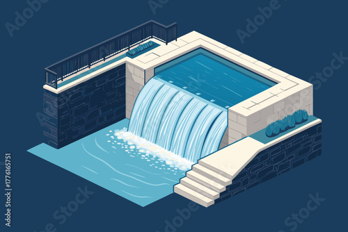 Spillway plunge pool aerating water in a tilt-shift view.