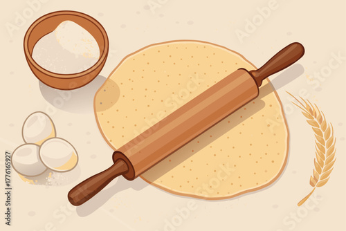 Overhead view of dough being rolled flat with a rolling pin.