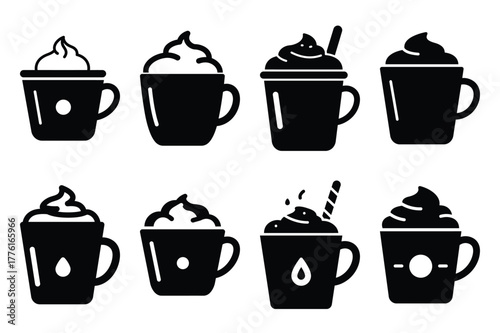 hot chocolate simple vector icon set. christmas silhouette icons on black color and white background.