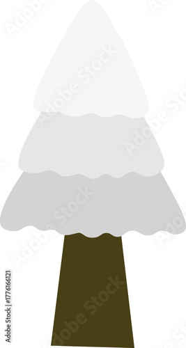 Minimalist vector illustration of a snowy pine tree with layered white and gray foliage and a brown trunk. Simple flat design representing a winter or Christmas tree covered in snow.