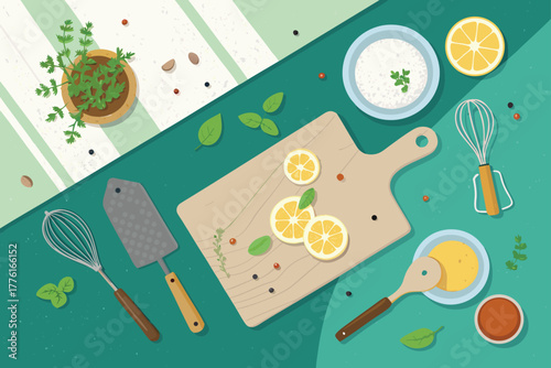 Top down view of a messy kitchen counter post-cooking.