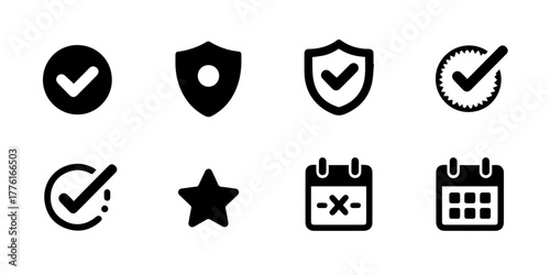 Modern set of essential black vector icons: security shield, checkmark, completed, calendar, favorite star for web & app design.