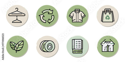Collection of hand drawn icons representing sustainable fashion and eco friendly clothing industry concepts