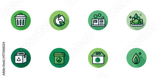Collection of eight circular green icons representing recycling and waste management symbols