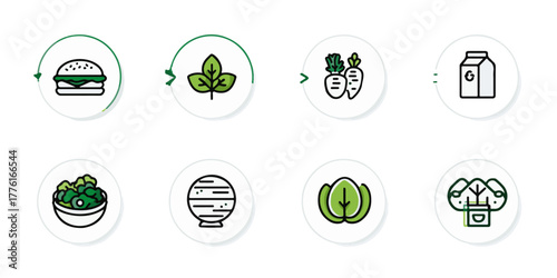 Collection of eight simple line art icons representing healthy food and plant based ingredients