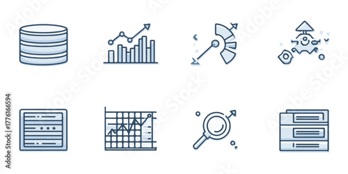 Collection of  line art icons representing business analytics and data visualization concepts
