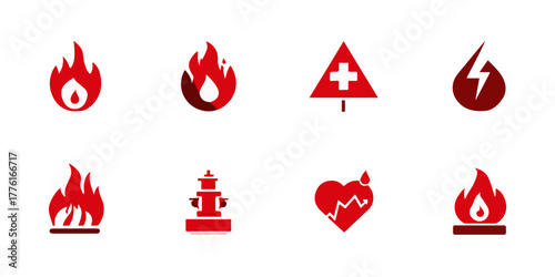 Collection of emergency and safety icons including fire first aid lightning and heart monitor
