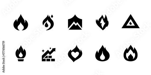Collection of modern black fire icons representing various concepts like energy growth and danger